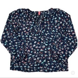 Eight Sixty size medium silky sheer long sleeve navy blue & coral splatter top
